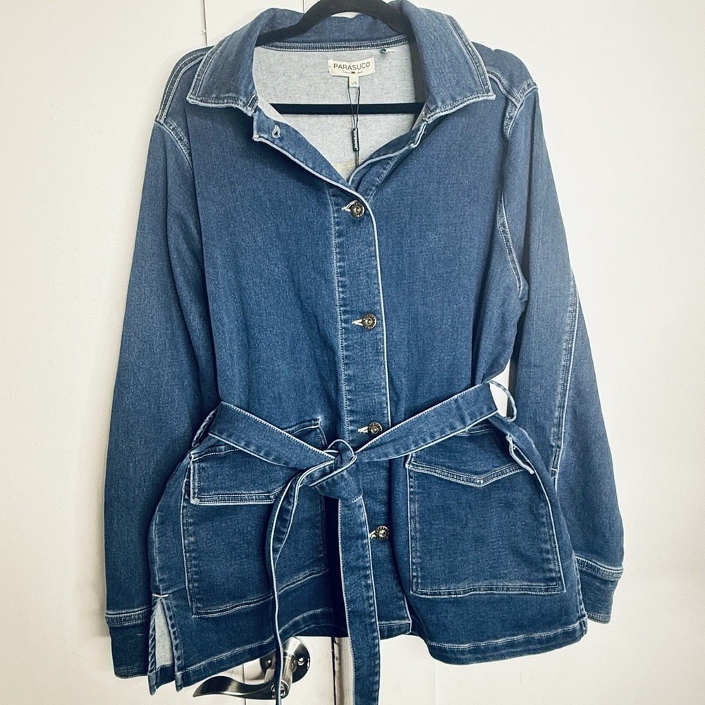 Parasuco Denim Jeans Belted Utility Jacket Sz L NWT Button Front stretch Chore